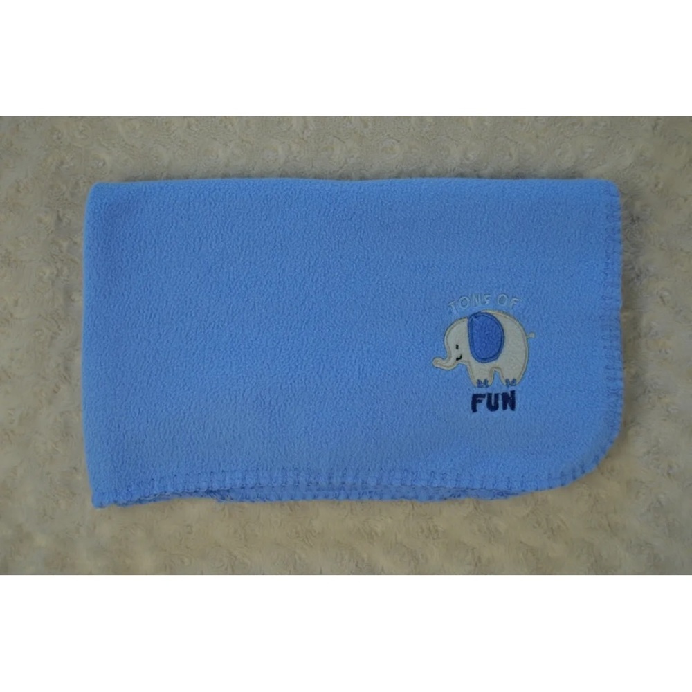 Cutie Pie Tons of Fun Elephant Baby Blanket Gray Blue Stitched Edge Fleece